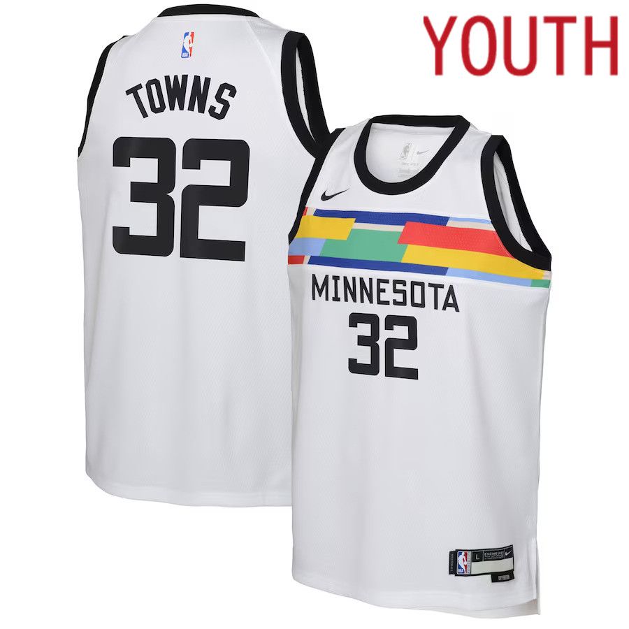 Youth Minnesota Timberwolves 32 Karl-Anthony Towns Nike White City Edition 2022-23 Swingman NBA Jersey